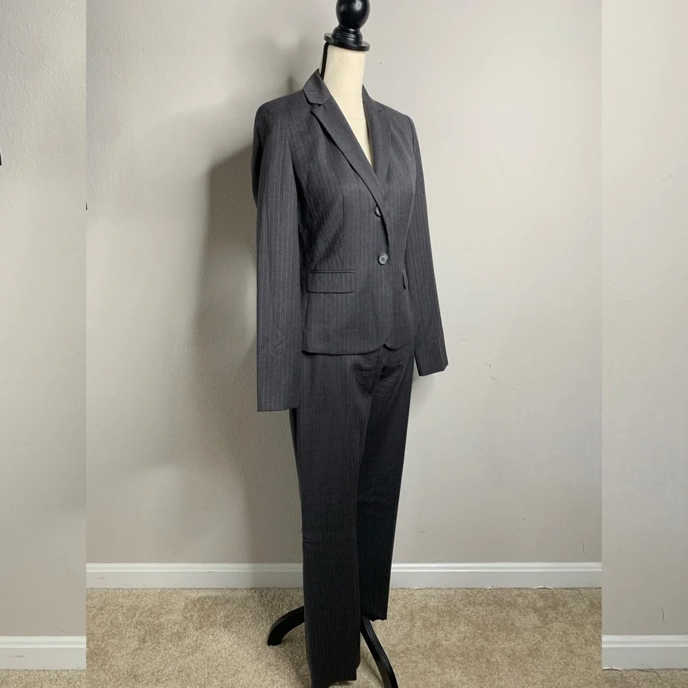 LOFT Gray & Light Blue Pinstripe Two Piece Pantsuit Set